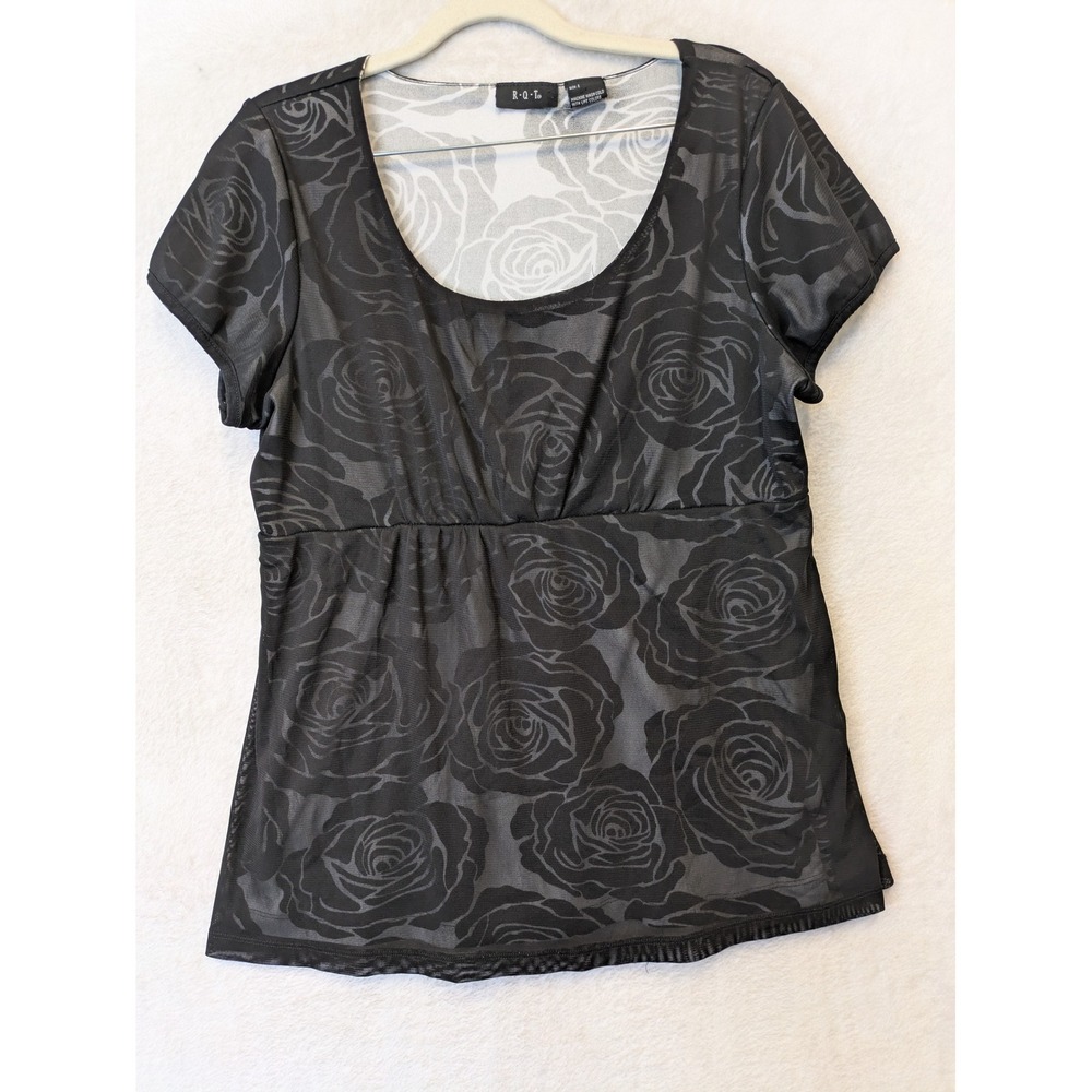R.Q.T. Floral Mesh Empire Waist Top Women's Size L Black Rose Whimsigoth Y2K
